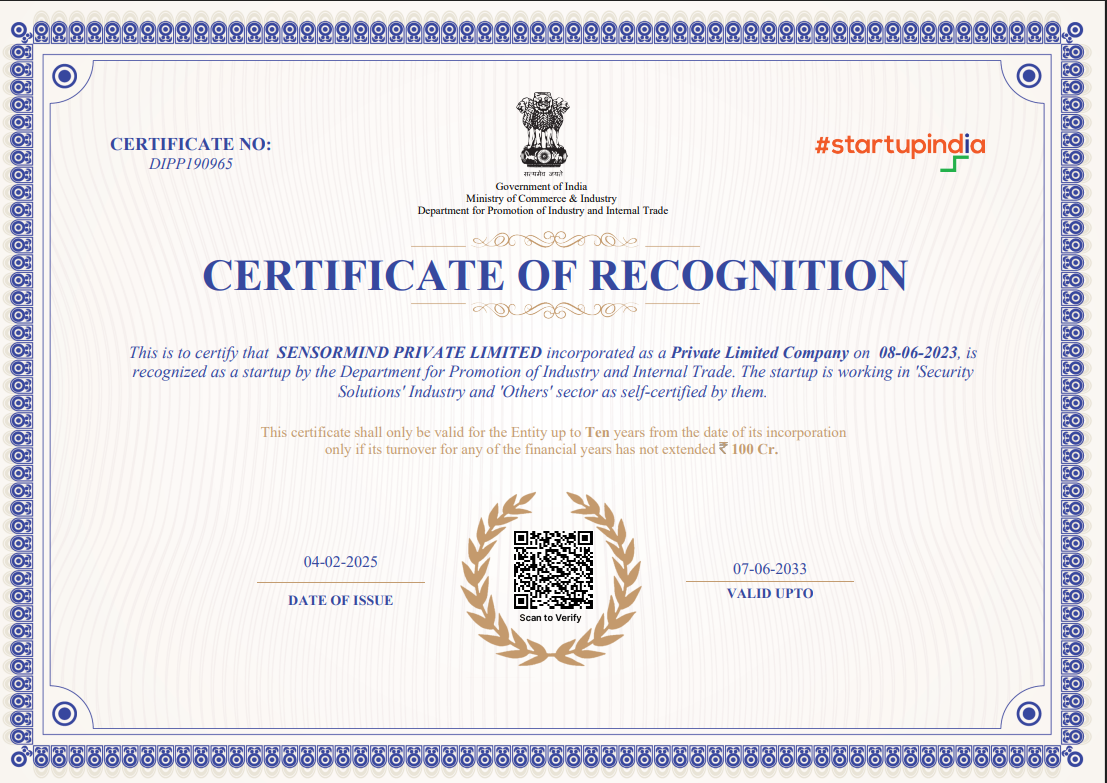 Startup India certificate of recognition for Sensormind Private Limited